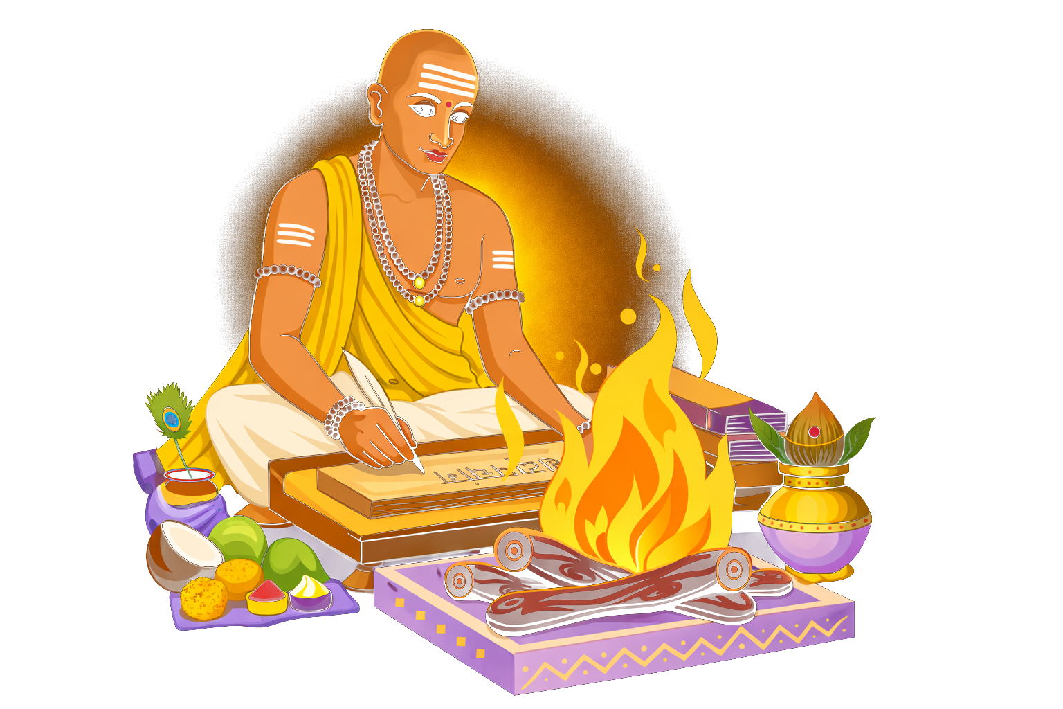 A Jyotishi (Vedic astrologer) inscribing a palm-leaf manuscript beside a sacred havan fire.